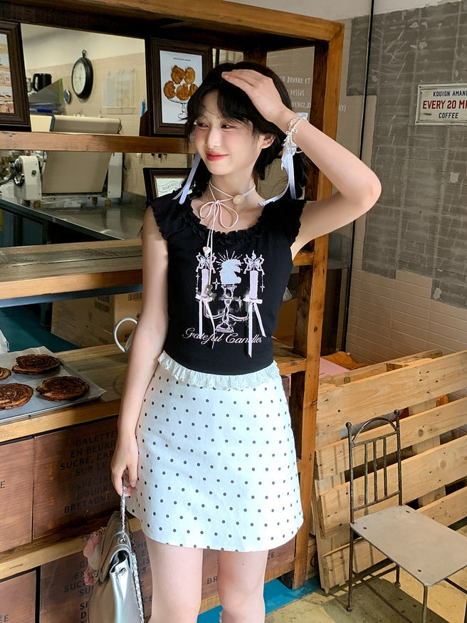 Top Tank Black Candlestick Print Lace Trim Bittersweet