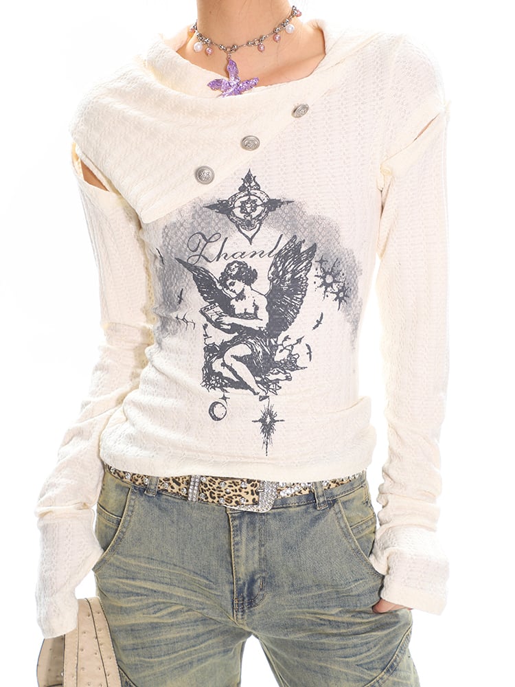 Collar Daily Knit T-shirt with Angel Print Asymmetrical Kawaii Beige
