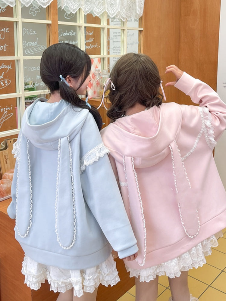 Yume Kawaii Blue Bunny Ear Hood Rabbit Print Hoodie