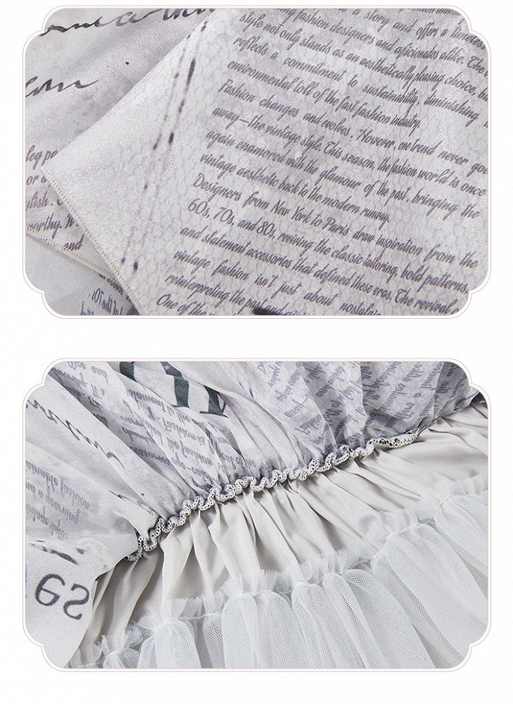 Elegant Skirt Layered Jumper Dress Lolita Print Newspaper Handkerchief