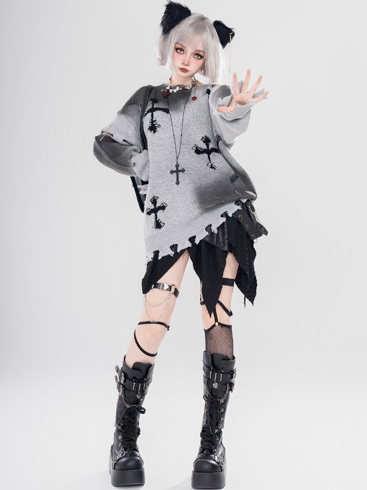 Y2K Black/Grey Cross Shaped Distressed Holes Round Neck Sweater