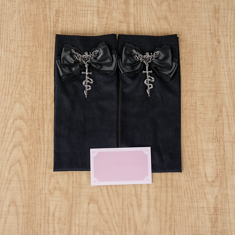 Accents Black Bowknot Regular/Long Kei Knee Over Gothic Stockings Jirai Metal Snake Version
