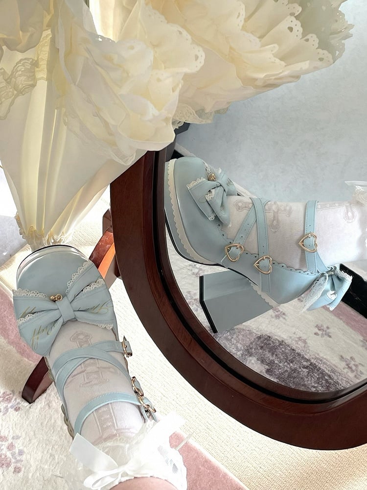 Heels Heart at Block High Buckles Blue Bow Crisscross Design Detachable Top