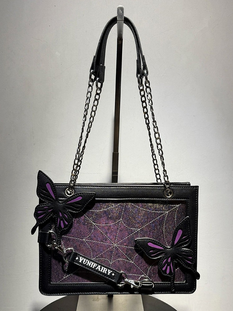 Purple Butterfly Spiderweb Detail Small Version Black Ita Shoulder Bag