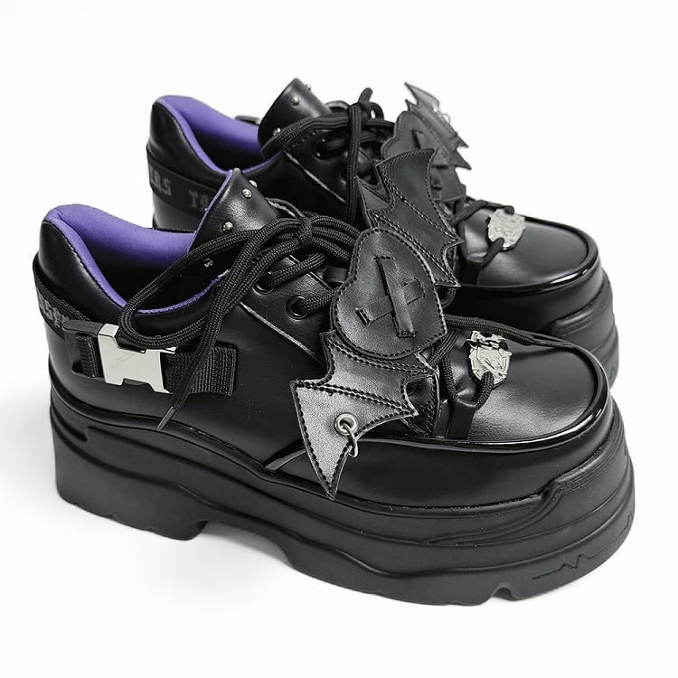 Punk Heart PU Accents Lace-Up Black Sneakers Bat - Design Wings Detachable with Platform