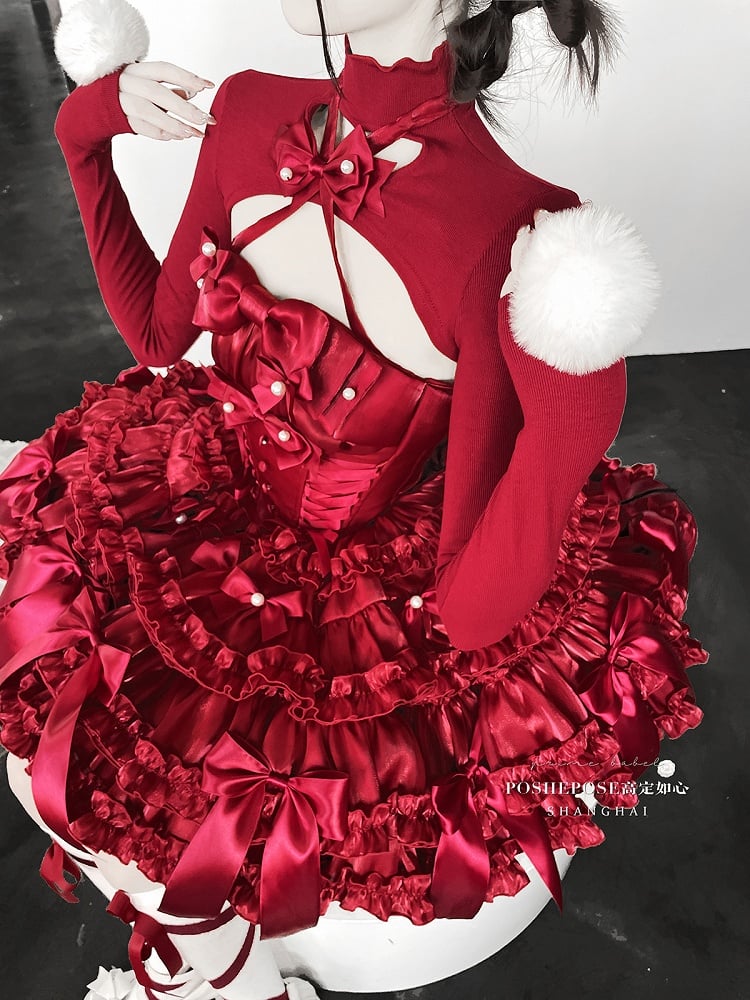 Rotes Weihnachtsoutfit, baskische Taille, Satinschleifen, trägerloses Puffkleid, kurzes Oberteil, komplettes Set