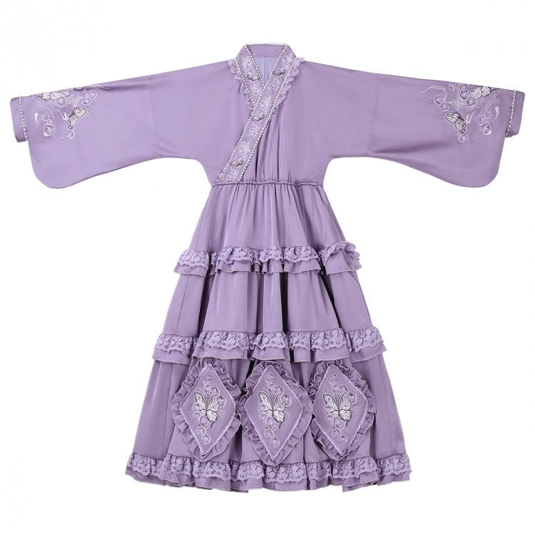 Lilafarbenes Han Lolita-Kleid mit Schmetterlingen und Blumen, komplettes Set