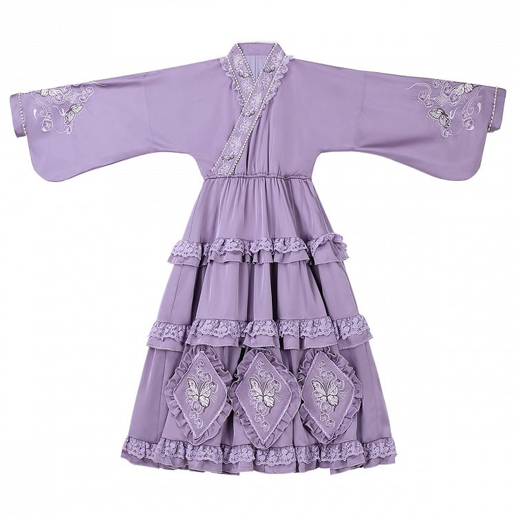 Delicate Butterfly Apron Lolita Dress Black Set Purple Han and Embroidery Full Floral +