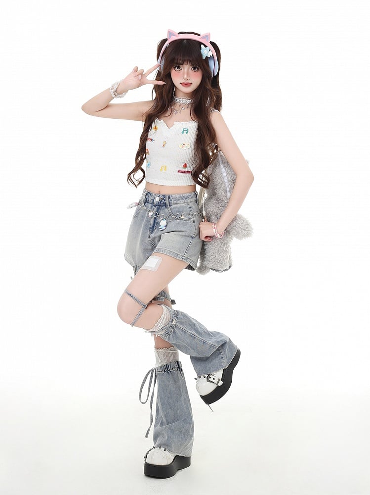 Y2K Butterfly Flared Leg Warmers Light and Garter Blue Denim Shorts with Detachable