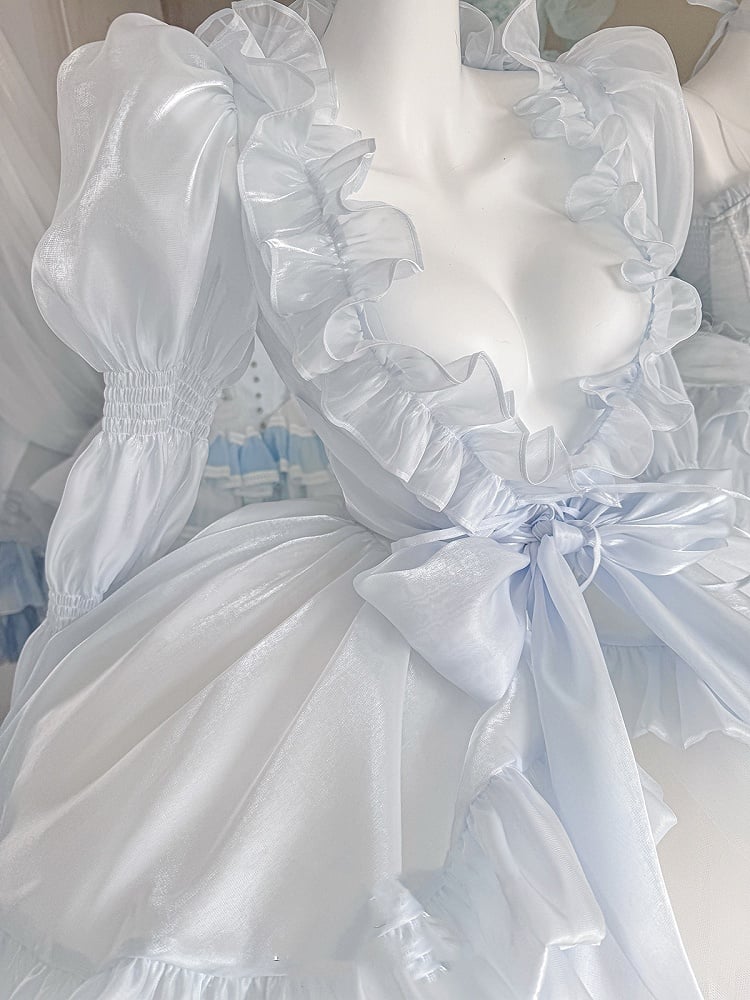 Ruffles Long Top Sleeves Sheer Cascading Hem Blue