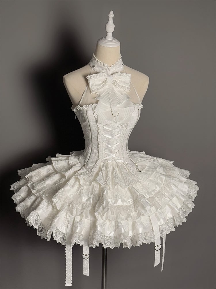 Set Halter Lolita Neck Sleeveless Gothic Skirt Tiered Full + Shiro White Top