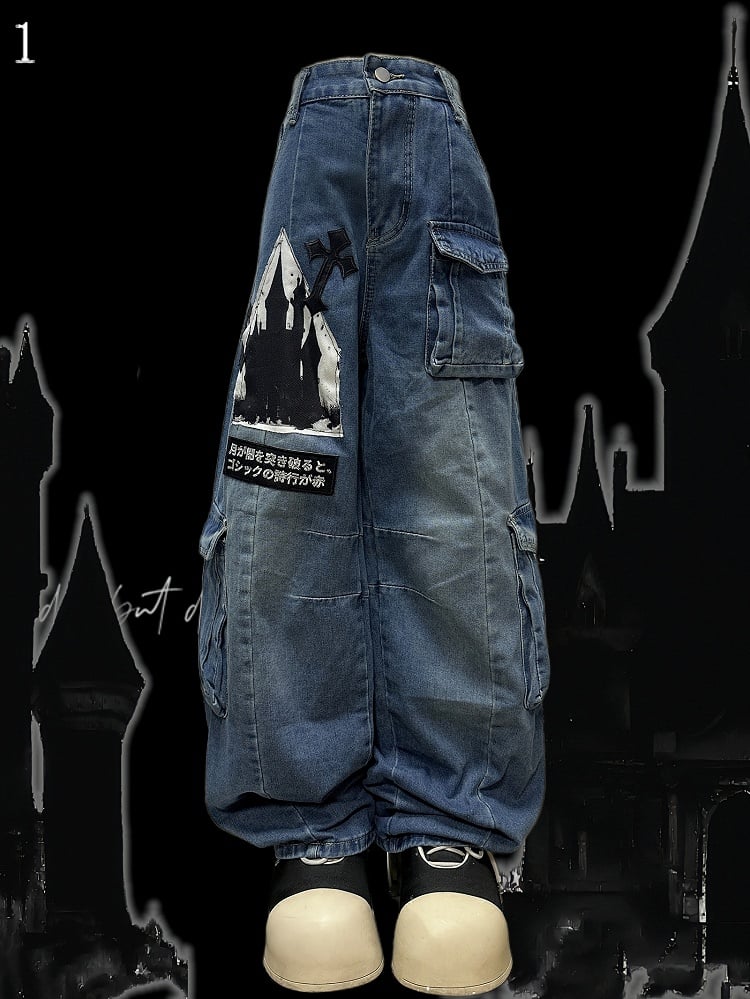 Decorated Cut Jeans Cargo Y2K Letter Pockets Blue Wide-leg Applique