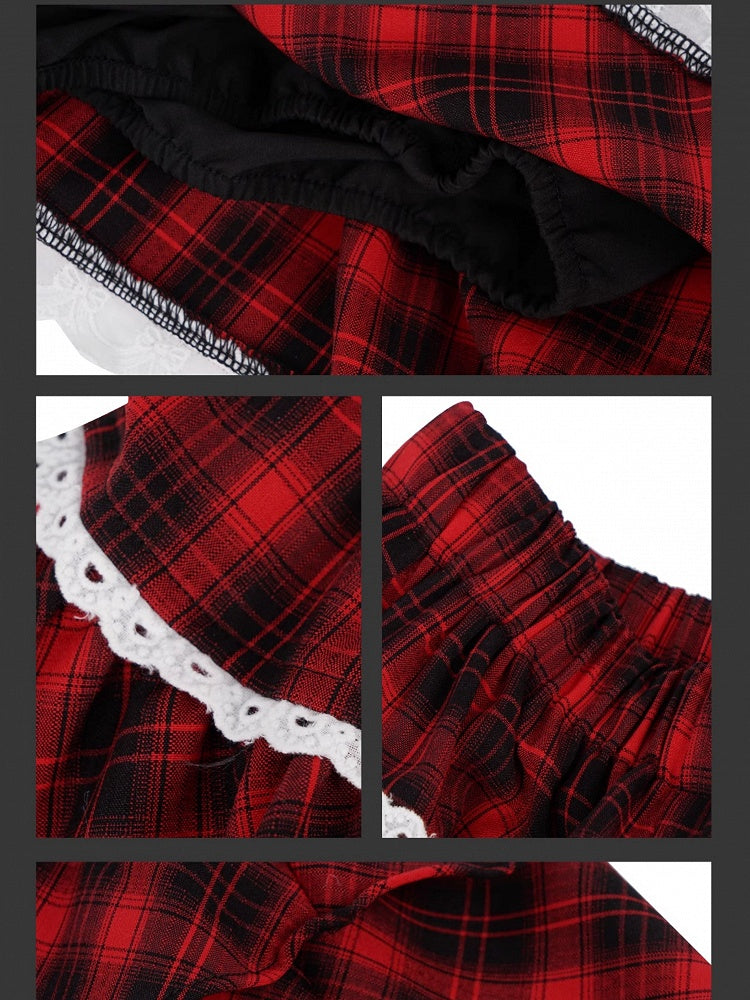 Y2K Black Sailor Collar Top with Red Plaid Tiered Skirt Set