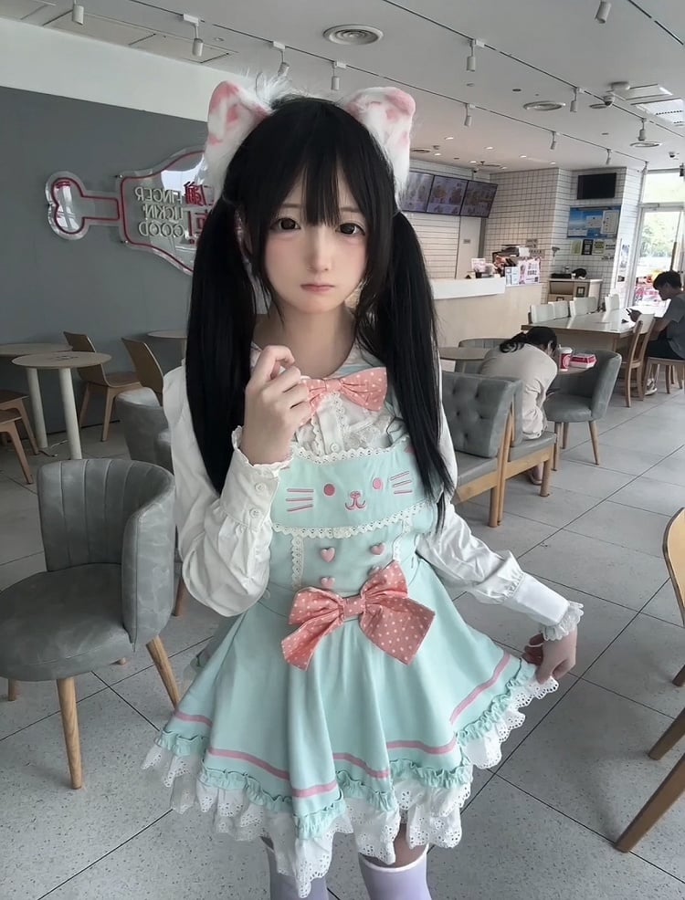 Soft Mint Green Adorable Cat Embroidered Overall Dress / White Sailor Collar Blouse