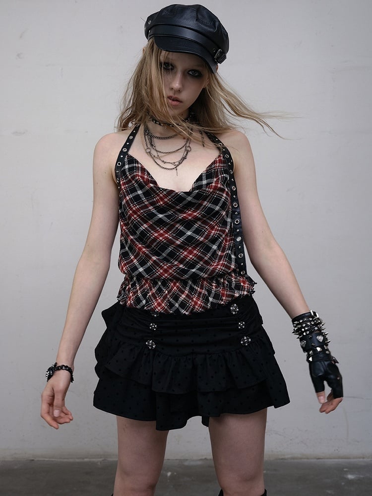 Punk Wasteland Halter Top Neck Neckline Trim Pattern BlackRed Glamorous Plaid Ruffles Cowl