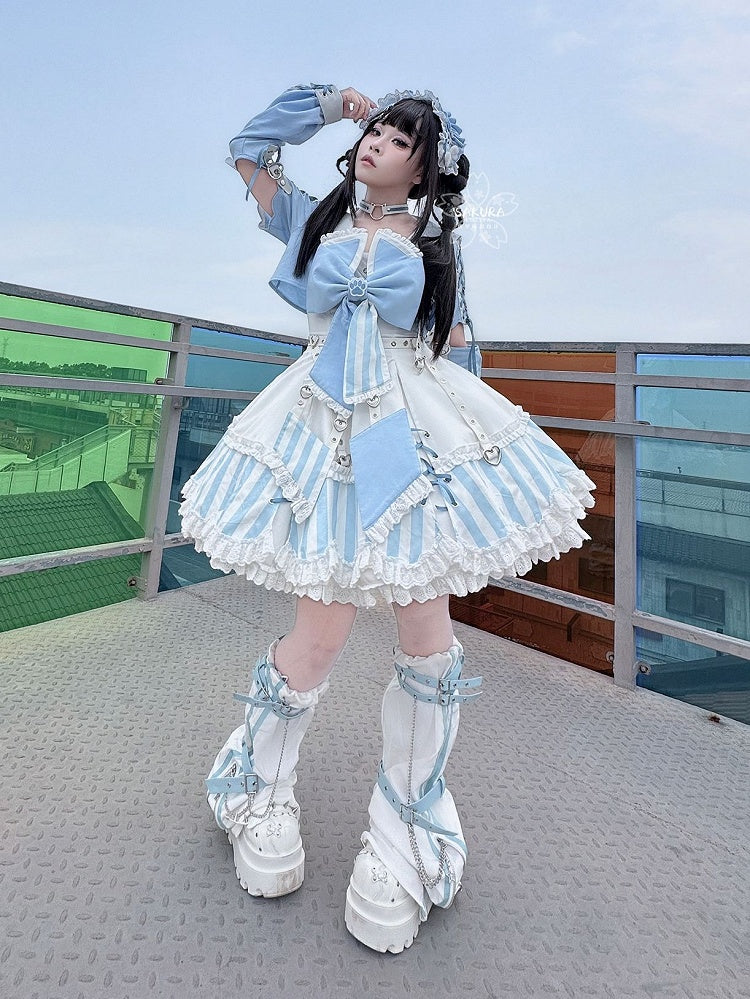 Kitty Light Bow Kaiwai Set Blue JSK Dress Cropped Tenshi Lolita Sailor Striped Big Top Pattern Ears + - Collar