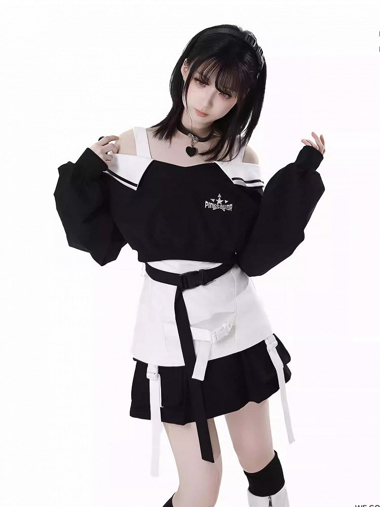 Wasteland Black V-Neck Futuristic Techwear Cropped Sweatshirt Punk
