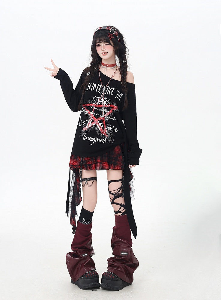 Top Schwarz Asymmetrischer Ausschnitt Star Graffiti Print Lose