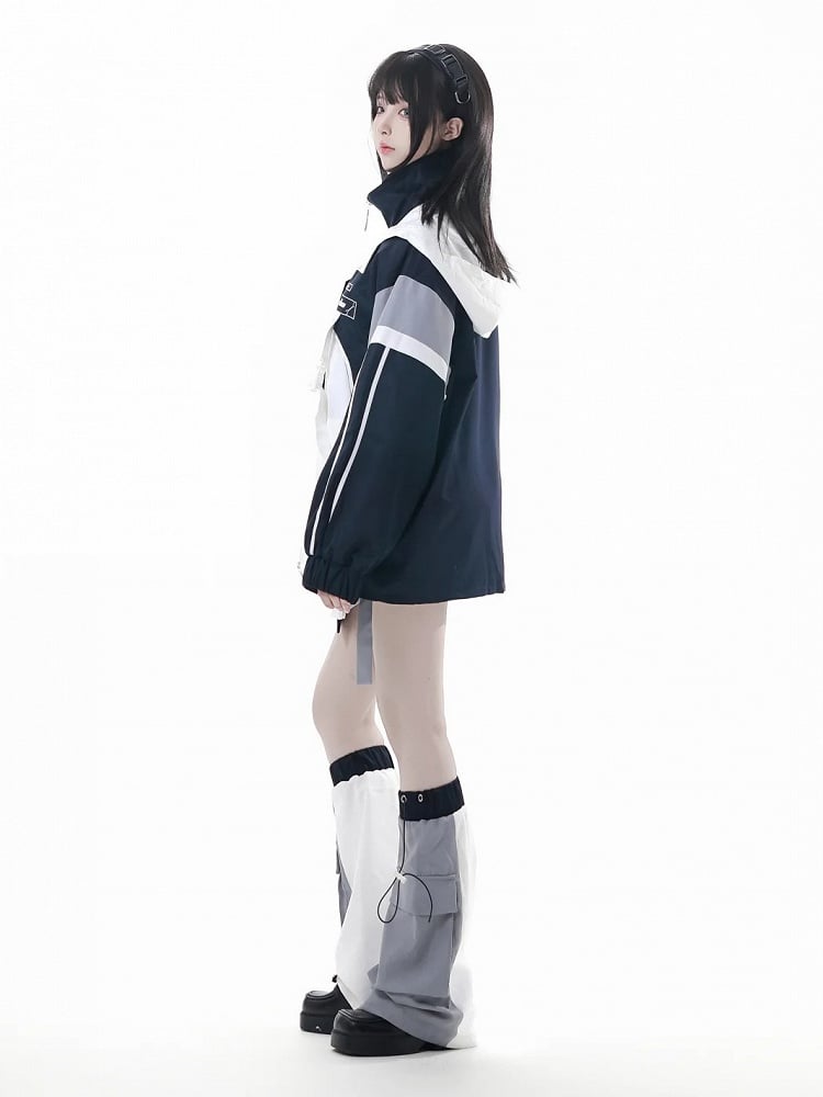Techwear White and Embroidered | Unisex Blue Jacket Symbols Panels Geometric Asymmetric Futuristic