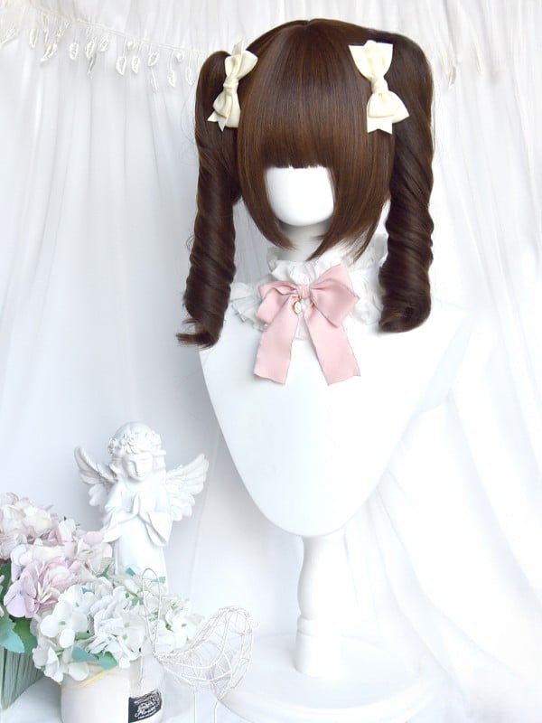 Full 22CM Clips With 30CM Brown Straight Bangs Short Ponytail Wig Double Curly + Roman Claw