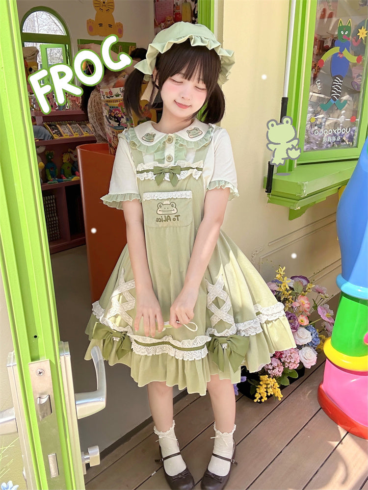 Light Green Frog Embroidery Lace Trim Overalls