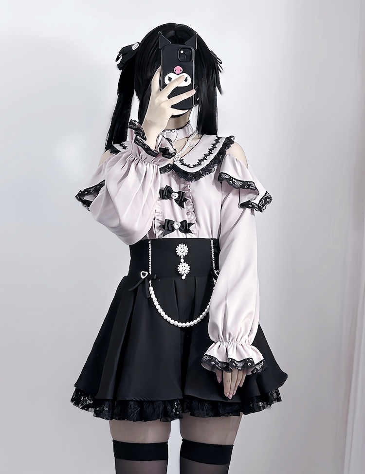 Detachable Design Choker Pink Trim Black Lace Jirai Kei Peter Pan Collar Cutout Shoulder Contrast Blouse with