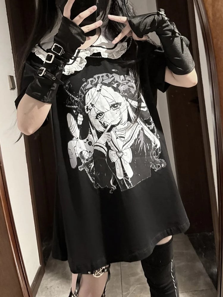 Pan Jirai Kei T-shirt Collar Black Anime Girl Print Peter