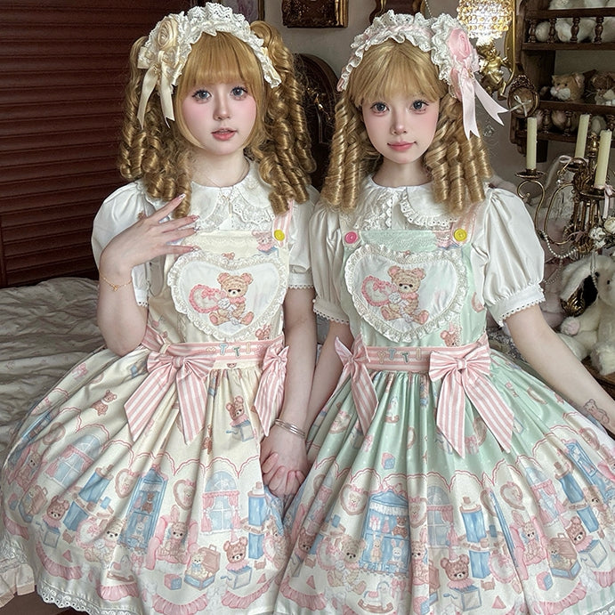 ドレスグリーンテディベアオーバーオールスイート&プラッシュプリントロリータバニー