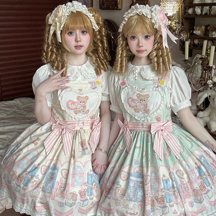 オーバーオールプラッシュバニークリーミーロリータホワイトドレスプリントとおもちゃのスイートテディ