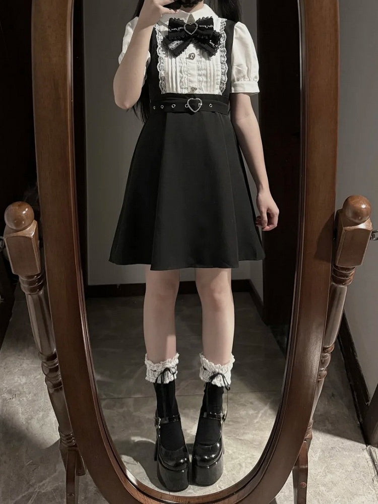 Detachable Black Overall Heart Bow Jirai White Buckle Dress Belt Colorblock Tie with Kei Faux