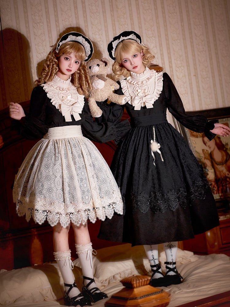 Beige Ruffle Neckline Black High Waist Long Balloon Sleeves Lolita Dress Long Version