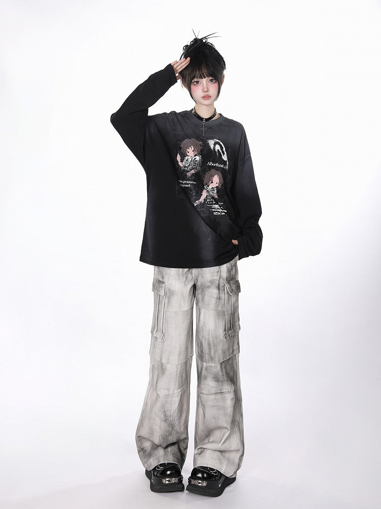 Cargo Wide-Leg Jeans with Utility Pockets White Gray Tie-Dye