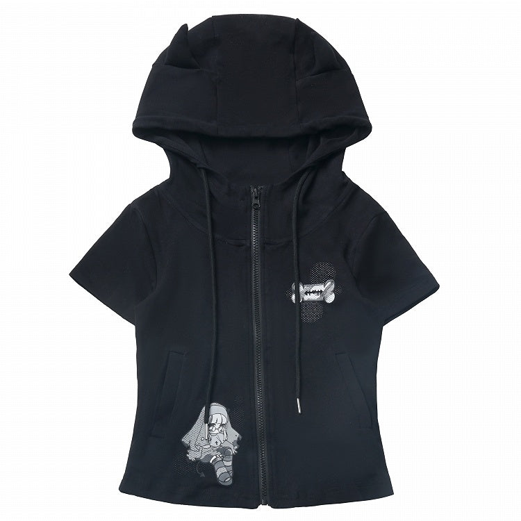 Short Sleeves Top Black/White Devil Horn Design Hood Zip Closure