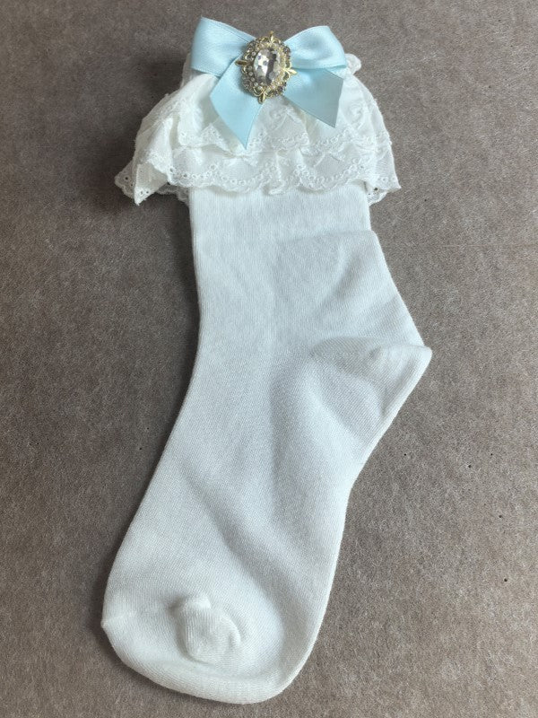 White Calf Ruffled Jirai Cuff Kei Bowknot Pink/Blue/Purple/White/Black/Beige Socks With Details