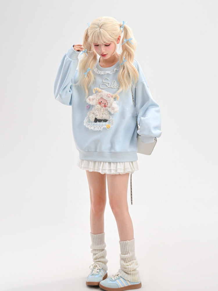 Yume Kawaii Blue Plush Lamb Knitted Floral Sweatshirt