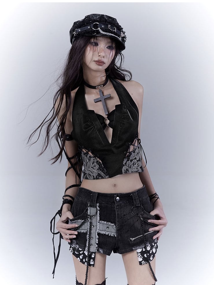 with Glamorous Lace-up Patches Details Lace Side Sleeveless Top Black Halter Neck