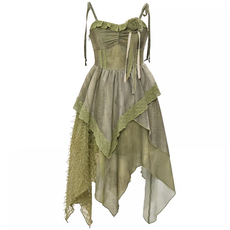 Self-tie Straps Mori Kei Cami with Dress Shoulder Green Handkerchief Hem