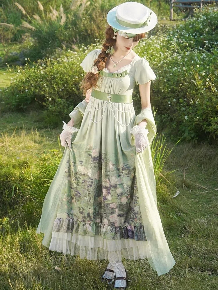 Empire Set Painting Oil Roses Lolita Elegant Green Print Waist OP Skirt