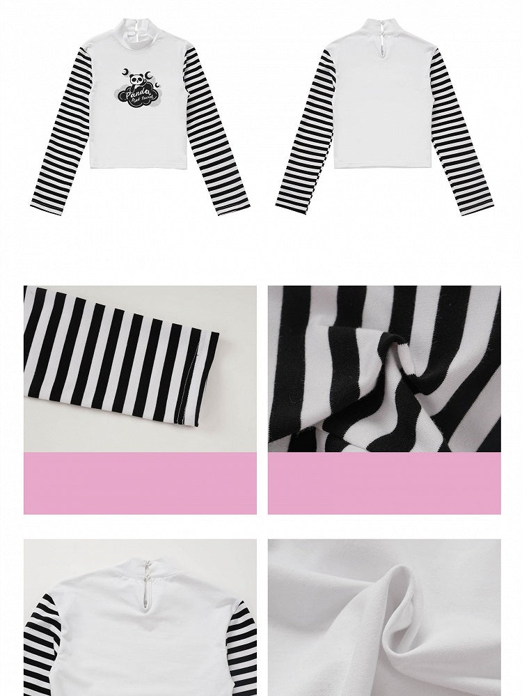 Panda Print Black Long Top and Sleeves Striped White