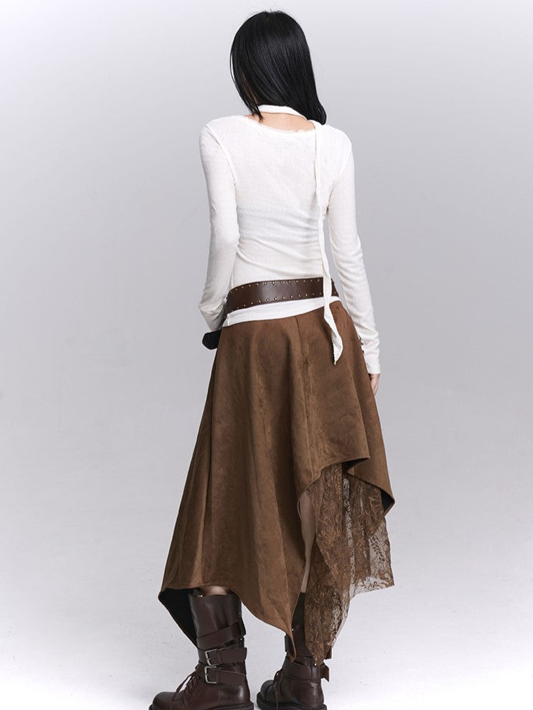 with Fashion Lace Handkerchief Hem Coffee Skirt Details Wasteland Patchwork Millard Suede