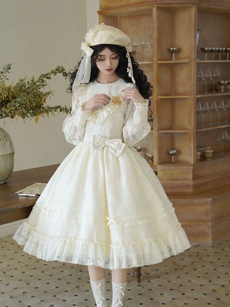 Beige Elegant Sleeves Classic Spring Lolita Dress Embroidery Semi-sheer Harp Long