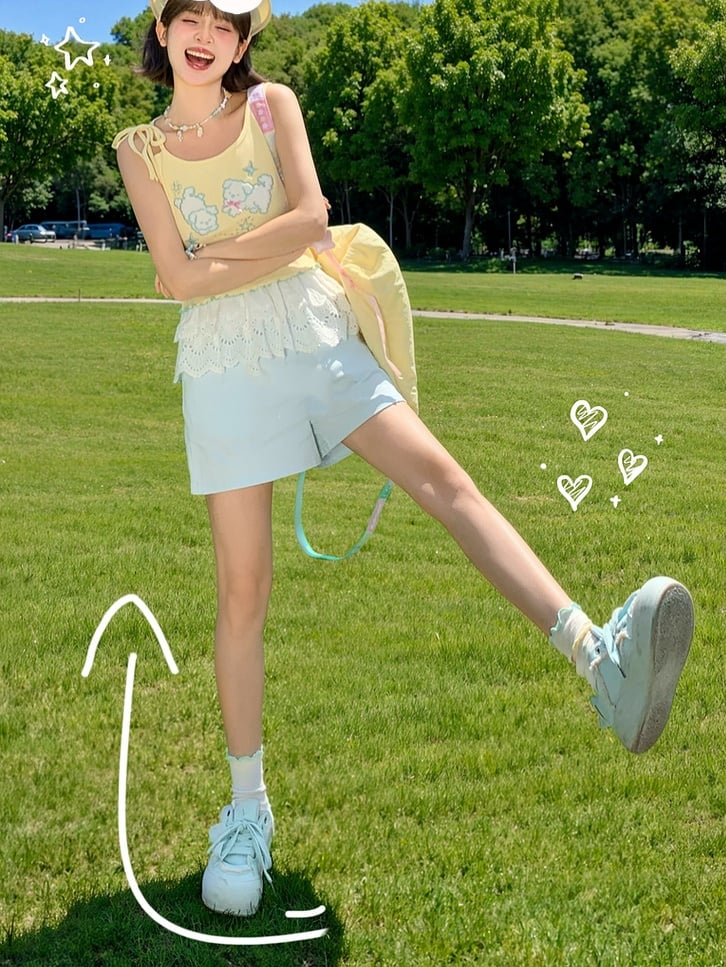 Light Blue Elastic Waist Straight-leg Shorts