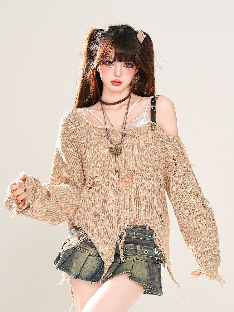 Gestrickter Punk Khaki Asymmetrischer Ausschnitt und Löcher am oberen Saum Wasteland Distressed