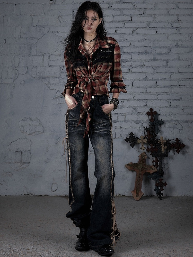 Fishtail Punk Lace-up Detail Wasteland Dark Jeans Hem Raw Blue