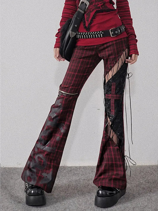 Rock Detail and Black Lace-up Red Pants Plaid Cutout Punk