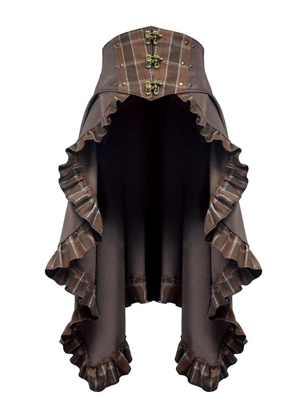 Train Hem Brown Ruffled Plaid Dark Pattern Steampunk