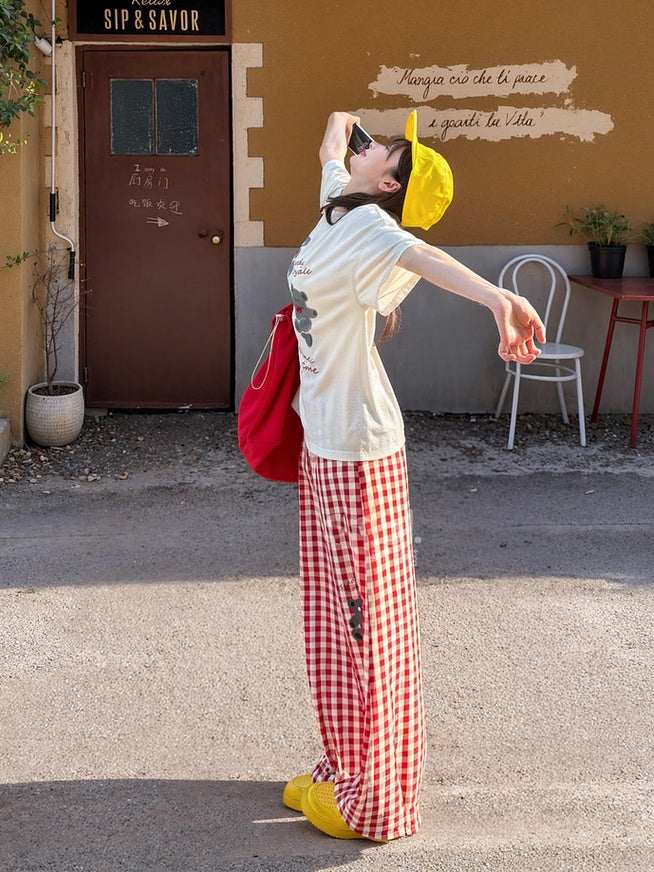 Wide-Leg Pants Version Short/Long Red and White Plaid Bear Print