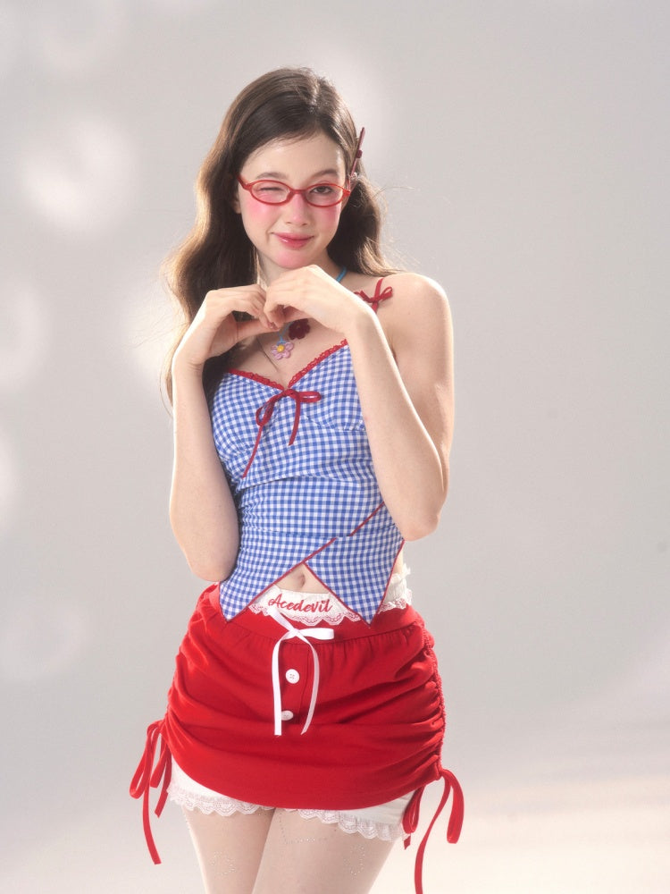 ダークブルーのチェック柄アシンメトリーヘムキャミソールトップス