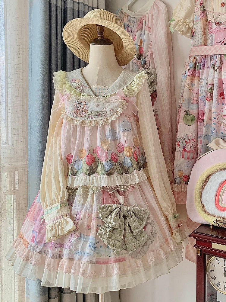 Cottagecore Patchwork Print Sweet Lolita Skirt with Detachable Straps Short Version