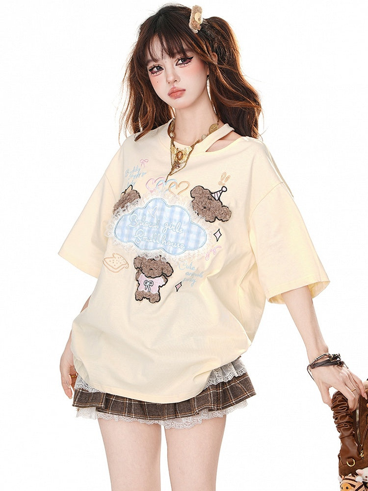 Blau/Apricot – Sommer-T-Shirt mit niedlichen Welpen-Applikationen und Cutout-Detail